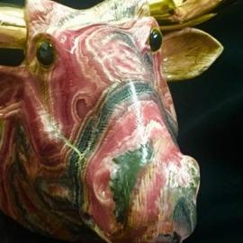 Rhodochrosite Bull With Bronze Horns